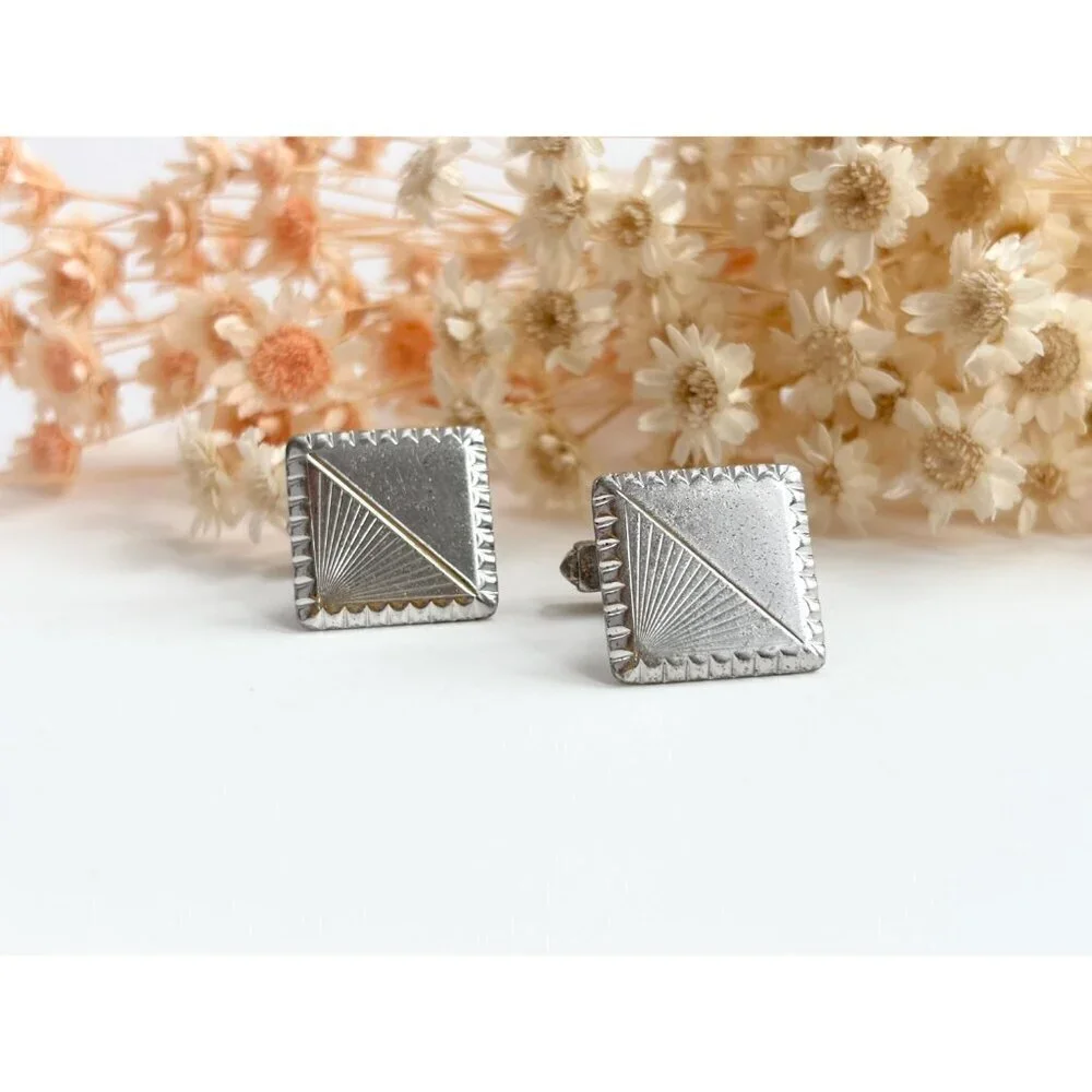 Art Deco Square Shaped Carved Sterling Silver Men's Classic Cuff Links